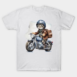 Cool street cat with black leather jacket riding a motorbike with backpack T-Shirt